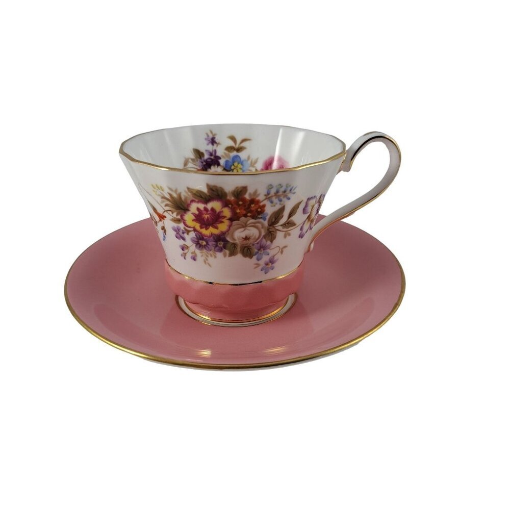 Aynsley Bone China Pink Floral Tea Cup Saucer Gold Trim England Vintage